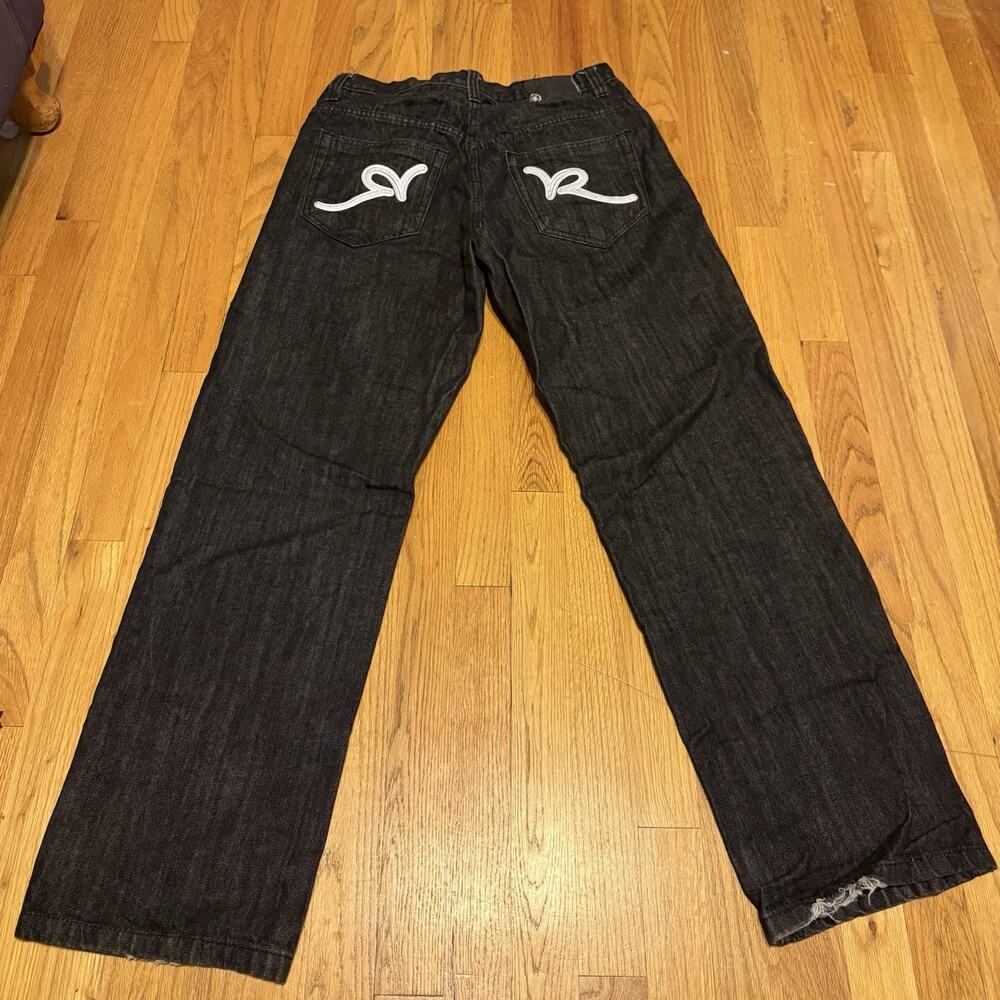 Vintage Y2K Rocawear Baggy Embroidered Logo Black Denim Jeans Size 34x32
